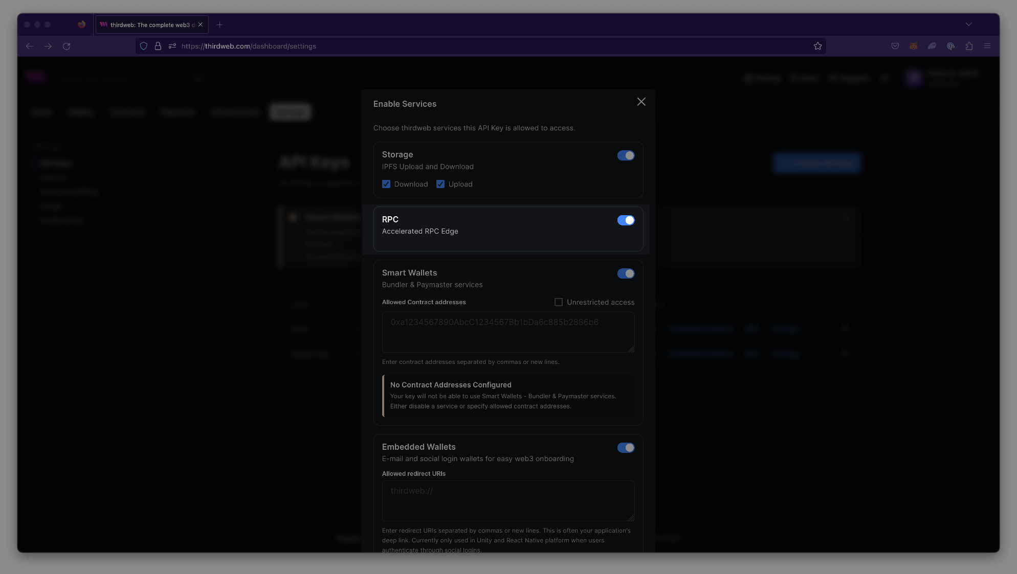 Modal pop up for API Keys to enable different services